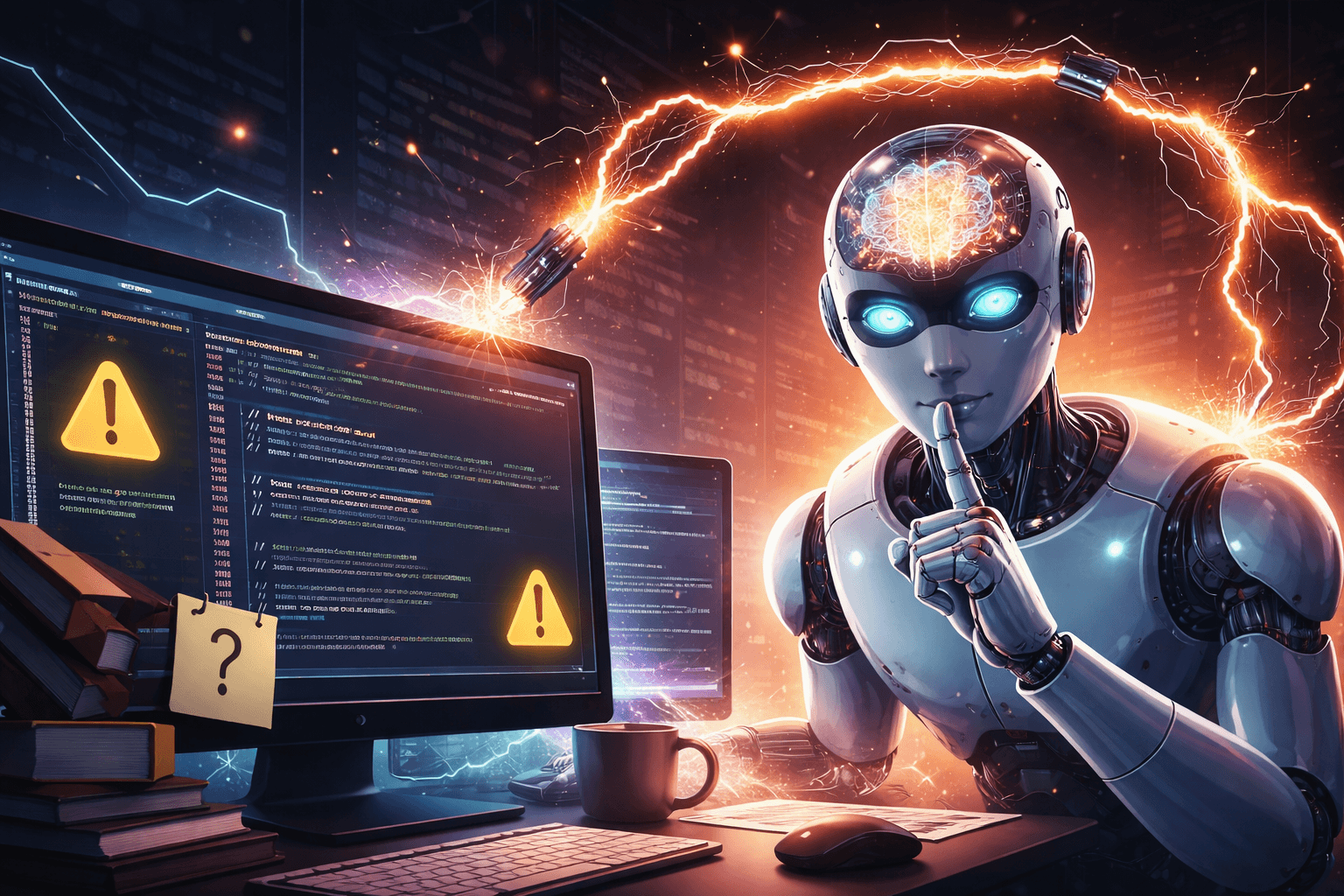 Robot analyzing data with warnings